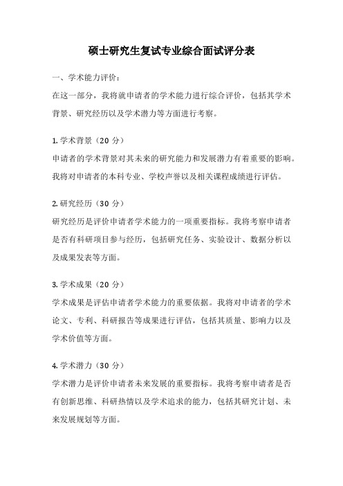 硕士研究生复试专业综合面试评分表