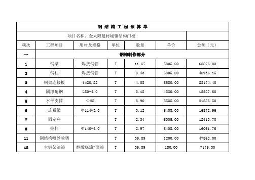 钢结构成本报价表