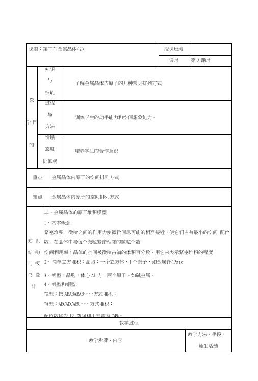 33金属晶体教案4(人教版选修3).doc