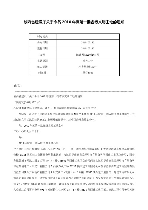 陕西省建设厅关于命名2010年度第一批省级文明工地的通知-陕建发[2010]167号