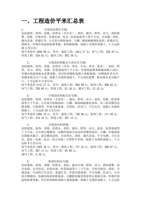 _工程造价平米汇总表、工程预付款及其计算、房地产建筑成本、工程成本测算