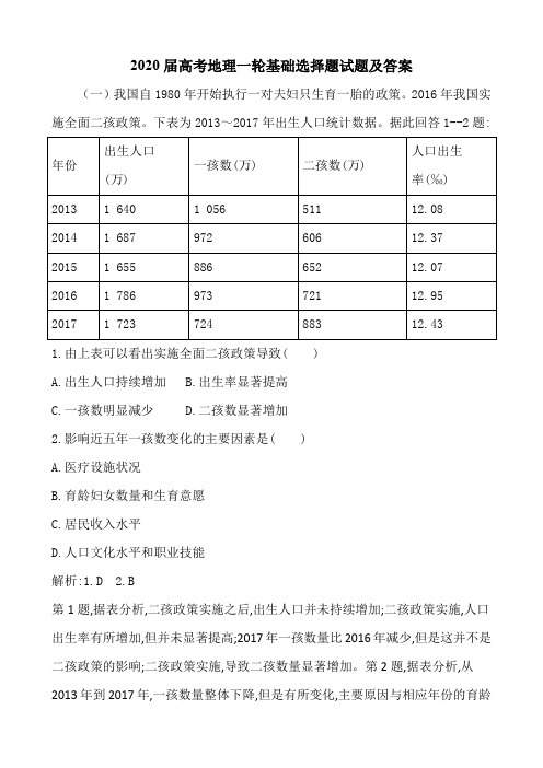 2020届高考地理一轮基础选择题试题及答案(5页)