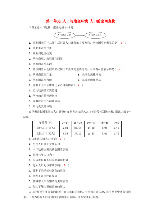 2017年高中地理第一单元人口与地理环境人口的空间变化试题新人教版必修2