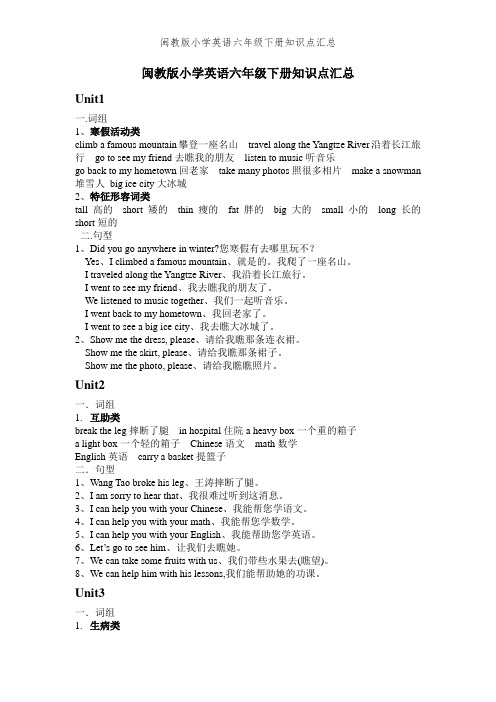 闽教版小学英语六年级下册知识点汇总