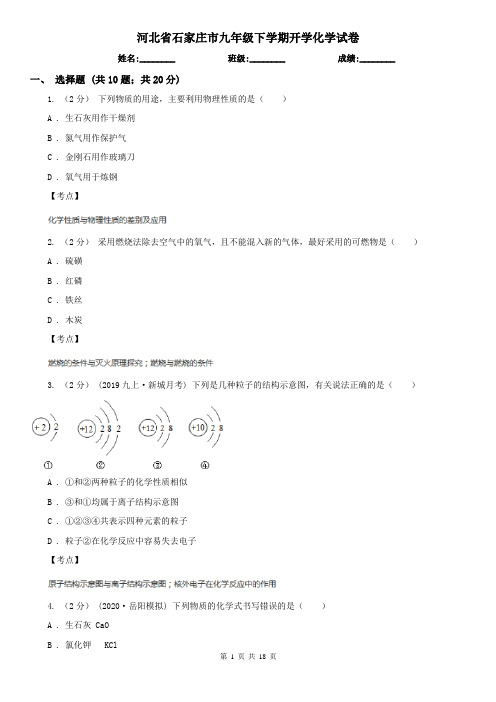 河北省石家庄市九年级下学期开学化学试卷