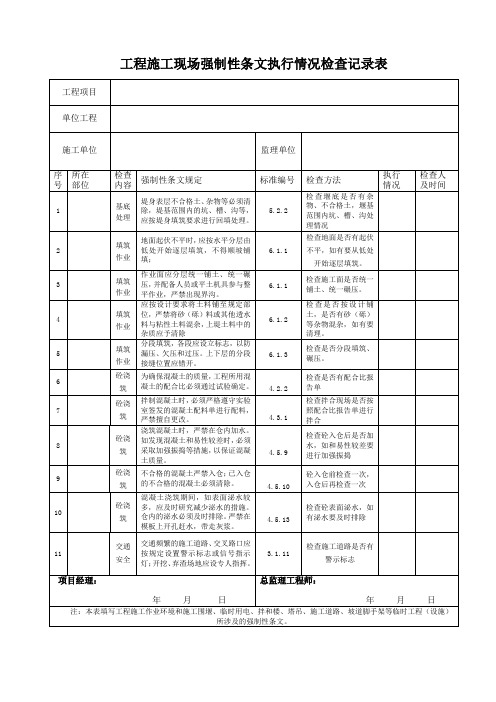 工程施工现场强制性条文执行情况检查记录表