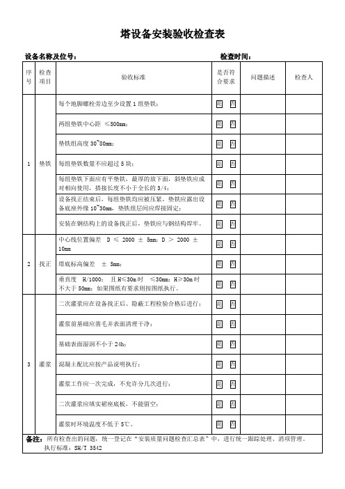 塔设备安装验收检查表