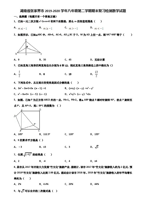 湖南省张家界市2019-2020学年八年级第二学期期末复习检测数学试题含解析