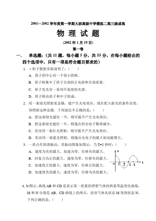 2001---2002学年度第一学期大沥高级中学模拟二高三级成高物理试题