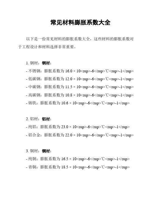 常见材料膨胀系数大全