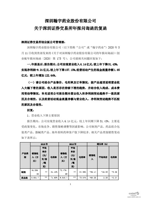 翰宇药业：关于深圳证券交易所年报问询函的复函