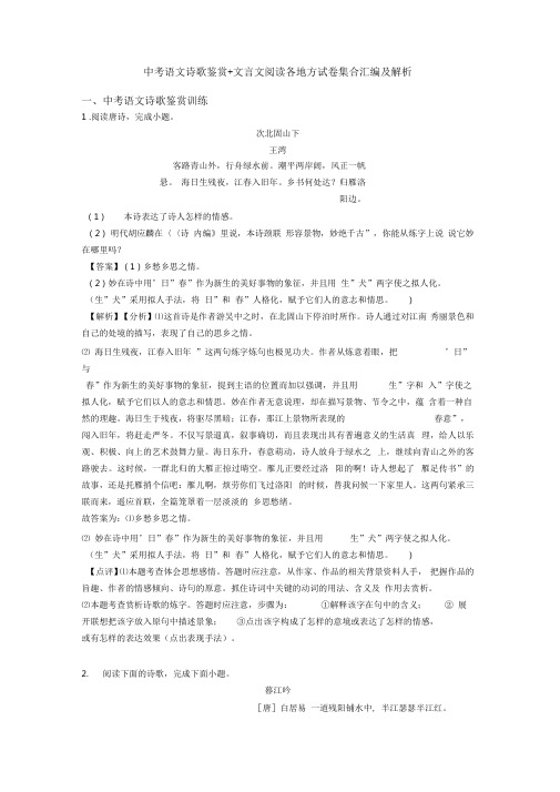 中考语文诗歌鉴赏+文言文阅读各地方试卷集合汇编及解析