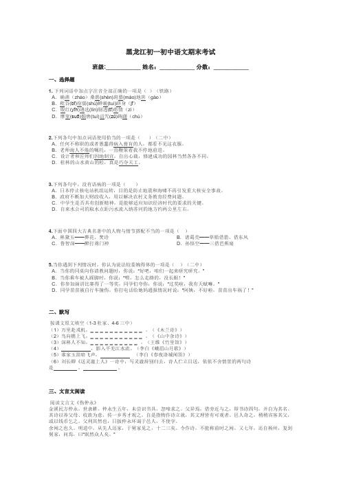 黑龙江初一初中语文期末考试带答案解析
