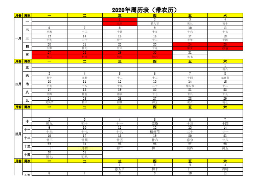 2020年周历表(带农历)