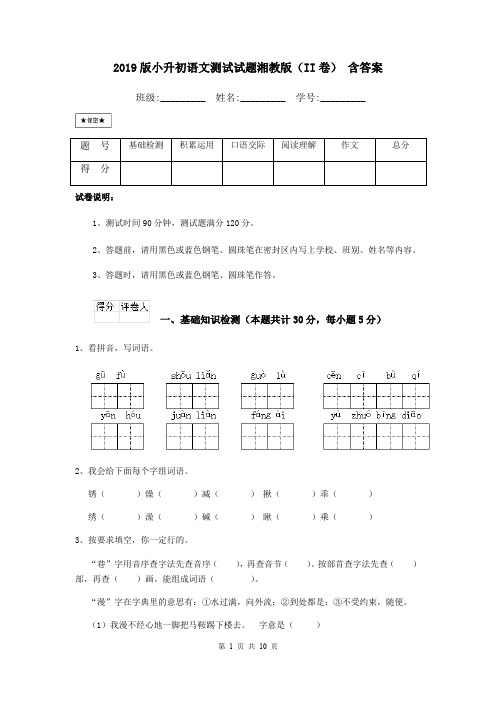 2019版小升初语文测试试题湘教版(II卷) 含答案