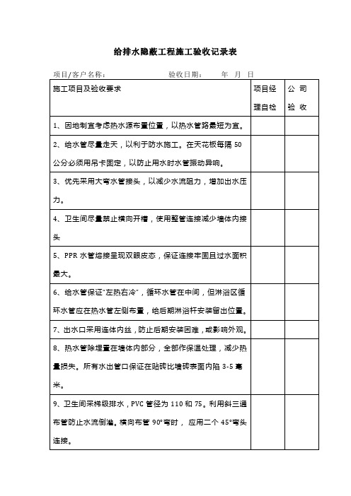 给排水隐蔽工程施工验收记录表