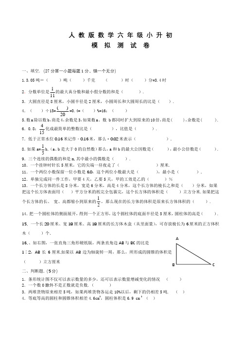 人教版数学六年级小升初冲刺模拟试卷(含答案)