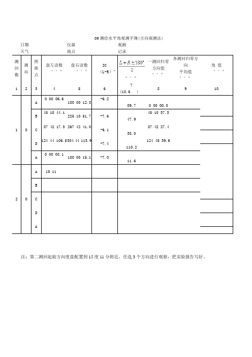 水平角观测手簿