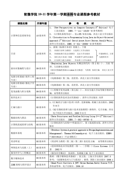 软微学院10-11学年第一学期本科专业课程参考教材