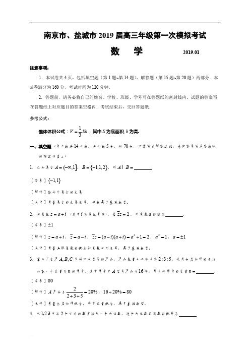 江苏省盐城市、南京市2019届高三年级第一次模拟考试数学试题(精编含解析)