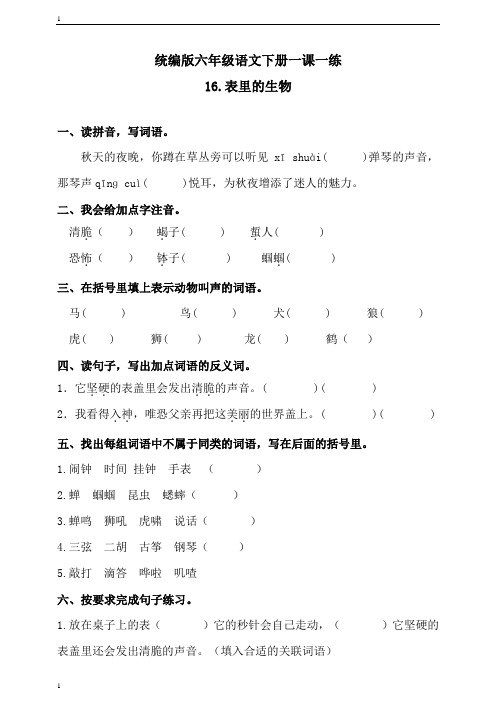 统编人教部编版小学语文六年级下册语文16表里的生物练习题(含答案)