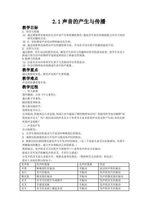 (新)人教版物理八上《2.1声音的产生与传播》公开课(教案)