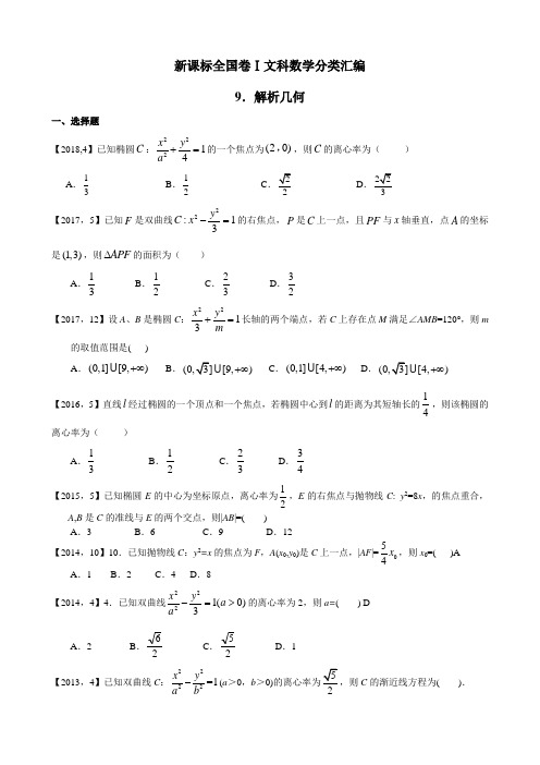 2011年—2018年新课标全国卷1文科数学分类汇编—9.解析几何