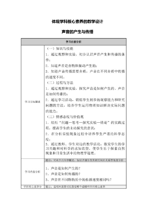 体现学科核心素养的教学设计声音的产生与传播