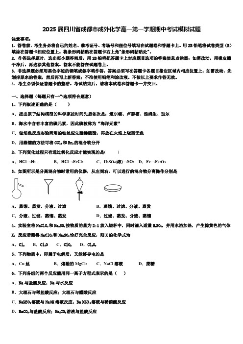 2025届四川省成都市成外化学高一第一学期期中考试模拟试题含解析