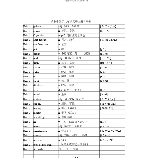 沪教牛津版九年级英语上册单词表格