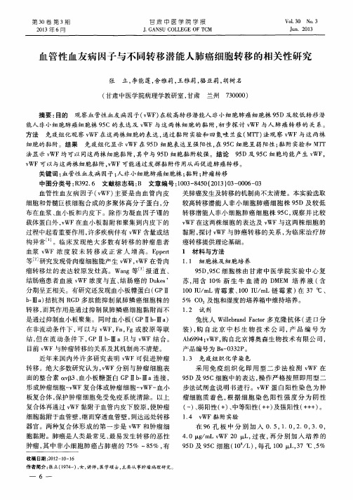 血管性血友病因子与不同转移潜能人肺癌细胞转移的相关性研究