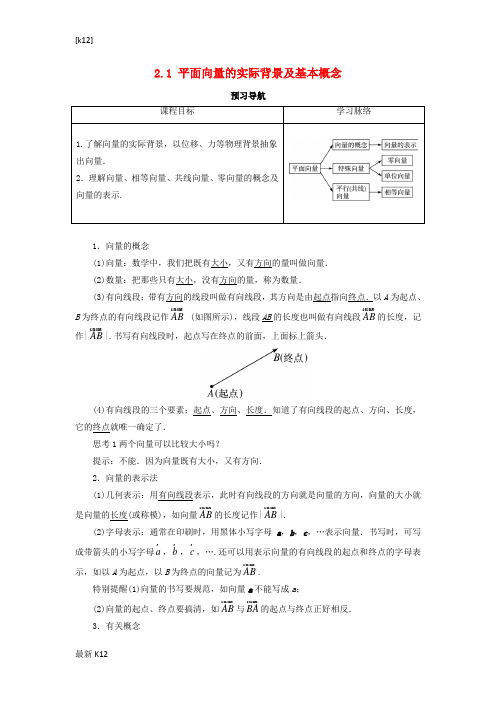 [推荐学习]高中数学第二章平面向量2.1平面向量的实际背景及基本概念预习导航学案