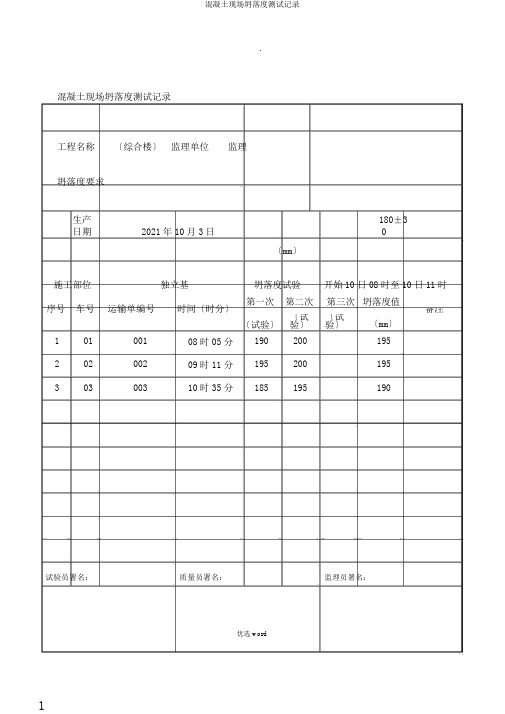 混凝土现场坍落度测试记录