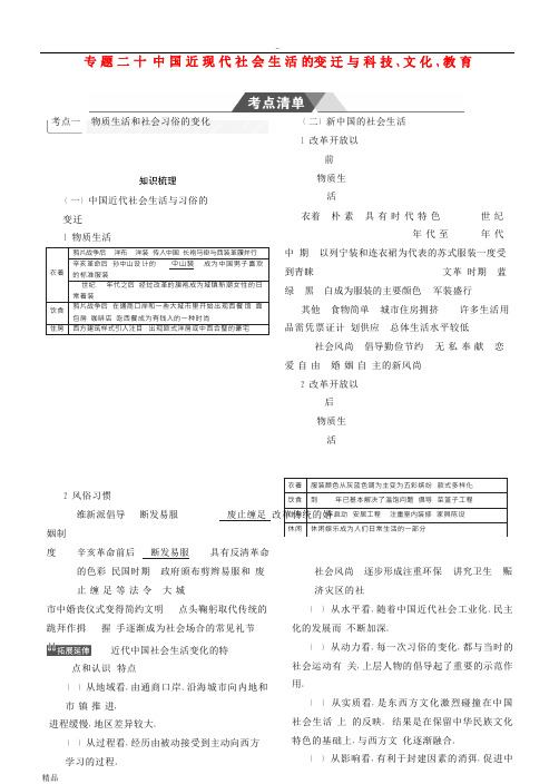 2020高考历史一轮复习 专题二十 中国近现代社会生活的变迁与科技、文化、教育学案 人民版