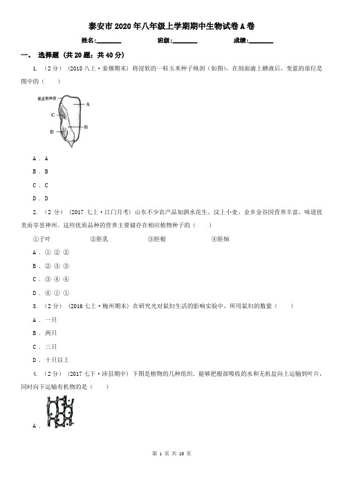 泰安市2020年八年级上学期期中生物试卷A卷