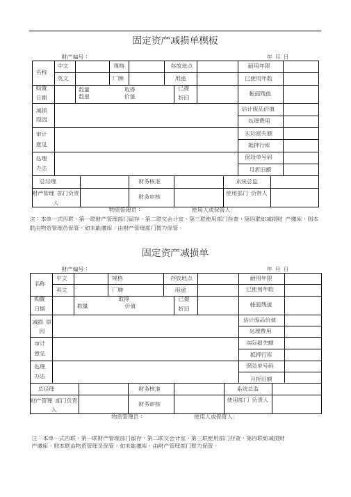 固定资产减损单模板