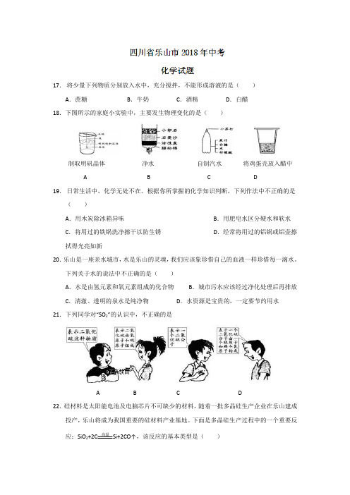 四川乐山市2018年中考化学试题(word版含答案)