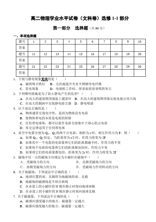 学业水平测试物理模拟考试试题(选修1-1