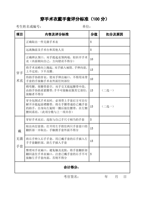 穿手术衣戴手套评分标准(100分)