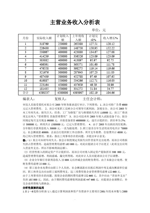 主营业务收入分析表