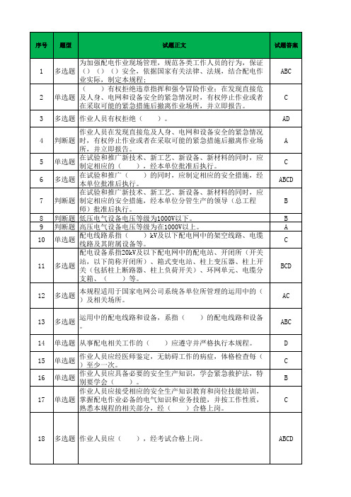 统一题库(2020-1版)《电力安全工作规程 配电部分(试行)》(国家电网安质〔2014〕265号)200222(1)