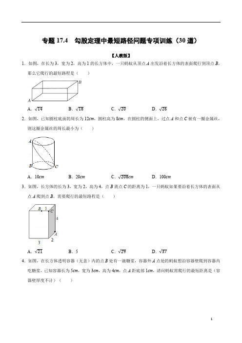 数学八年级下册专题17.4 勾股定理中最短路径问题专项训练(30道)(人教版)(学生版)