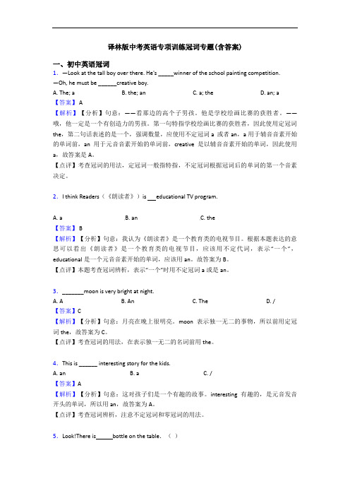 译林版中考英语专项训练冠词专题(含答案)