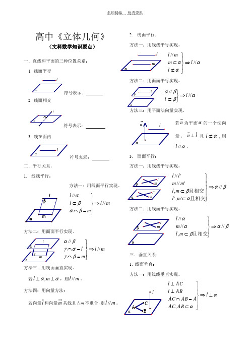 高中文科立体几何基础知识点