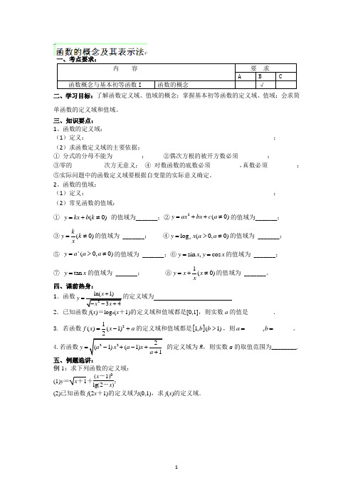 海门市包场高级中学2014届高三数学教学一体化讲义函数的定义域及值域