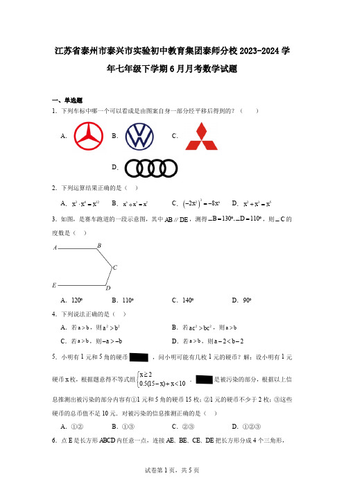 江苏省泰州市泰兴市实验初中教育集团泰师分校2023-2024学年七年级下学期6月月考数学试题