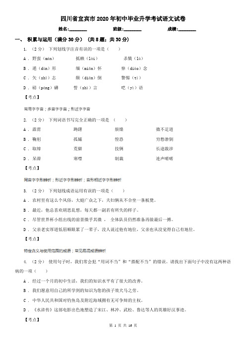 四川省宜宾市2020年初中毕业升学考试语文试卷