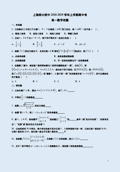 上海师大附中2018-2019学年上学期高一数学期中考试卷附答案解析