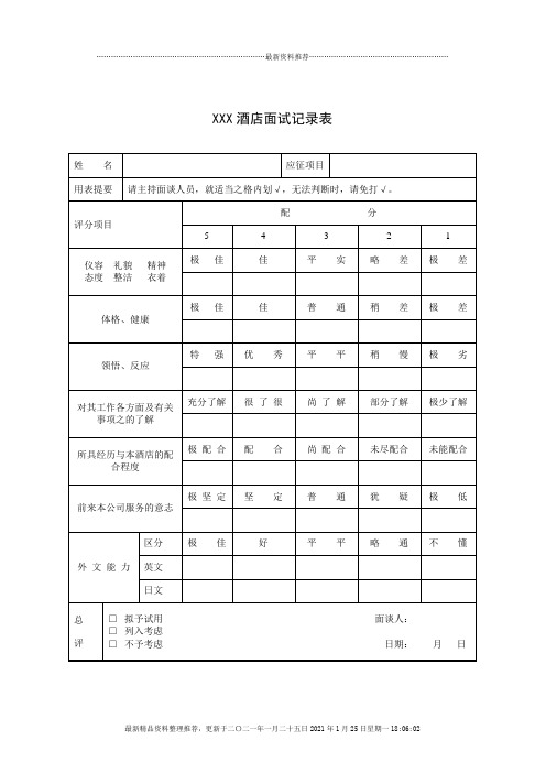 XXX酒店面试记录表