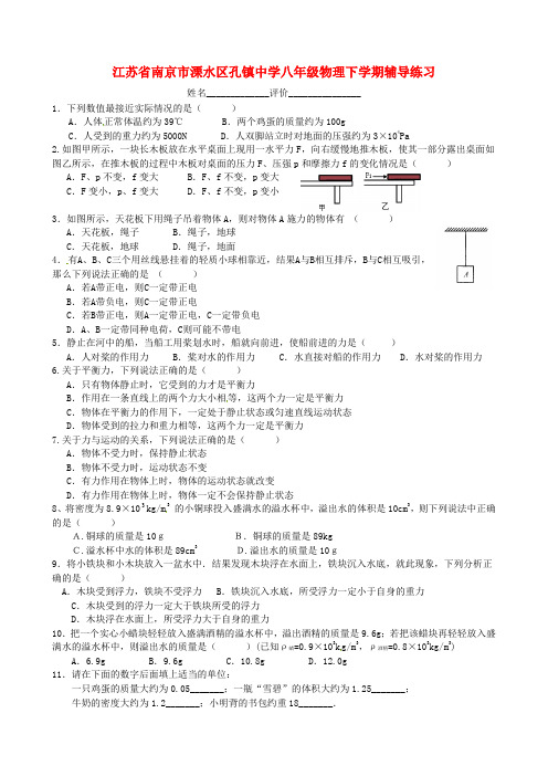 江苏省南京市溧水区孔镇中学八年级物理下学期辅导练习15(无答案) 苏科版